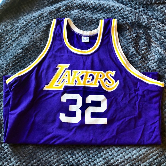 Vintage ’80s Lakers Magic Johnson Sand-Knit Medalist Purple Basketball Jersey - Picture 2 of 9